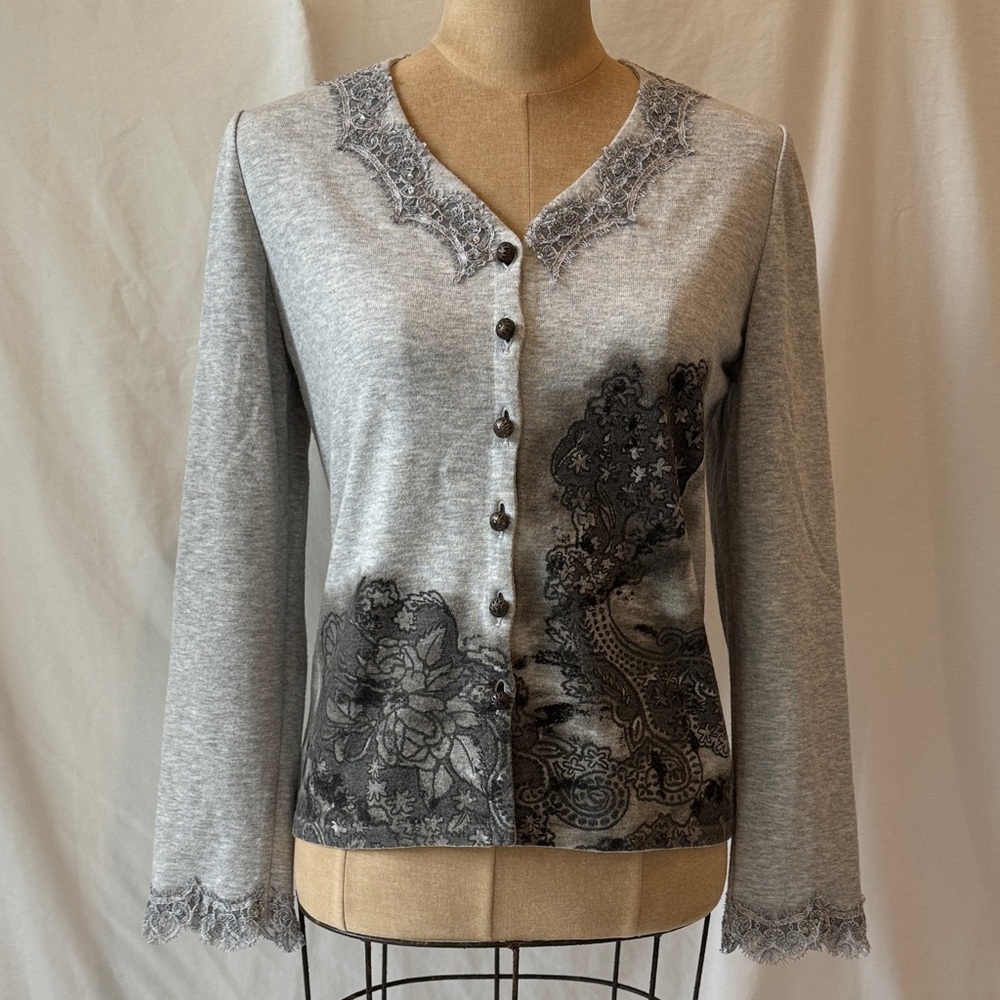 Stizzoli Vintage Gray Knit Cardigan with Sequined lace accents.